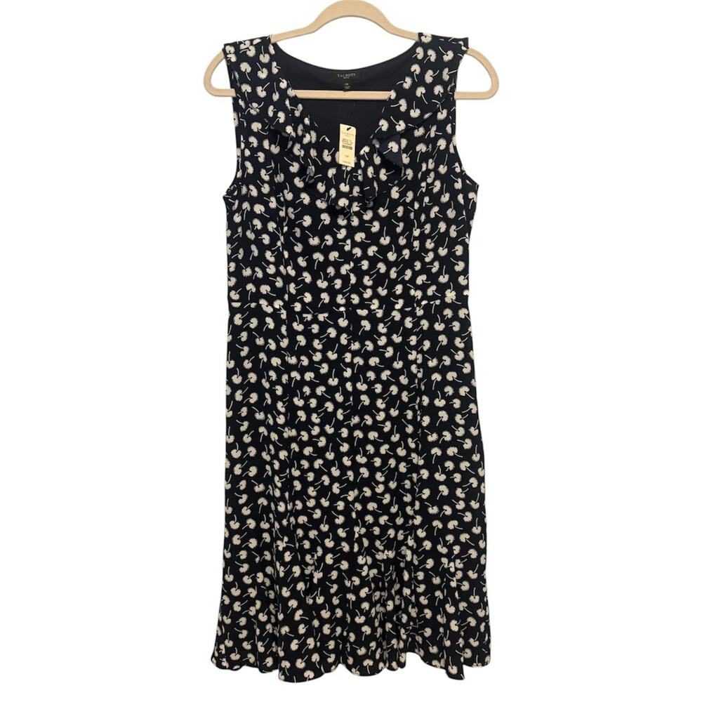 Talbots Dress Womens 10P Navy White Dandelion Midi Ruffle V-Neck Cottagecore New